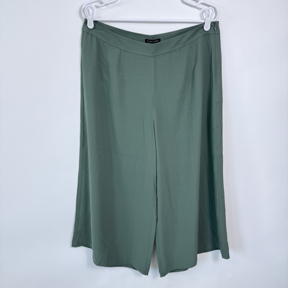 Eileen Fisher Silk Nori Culotte Pant Womens 12 Green Georgette Crepe Resort